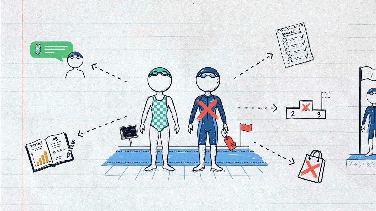 Hand-drawn notebook sketch of a textile club suit versus a tech suit with a coral X, shopping bag crossed out, and a championship flag later