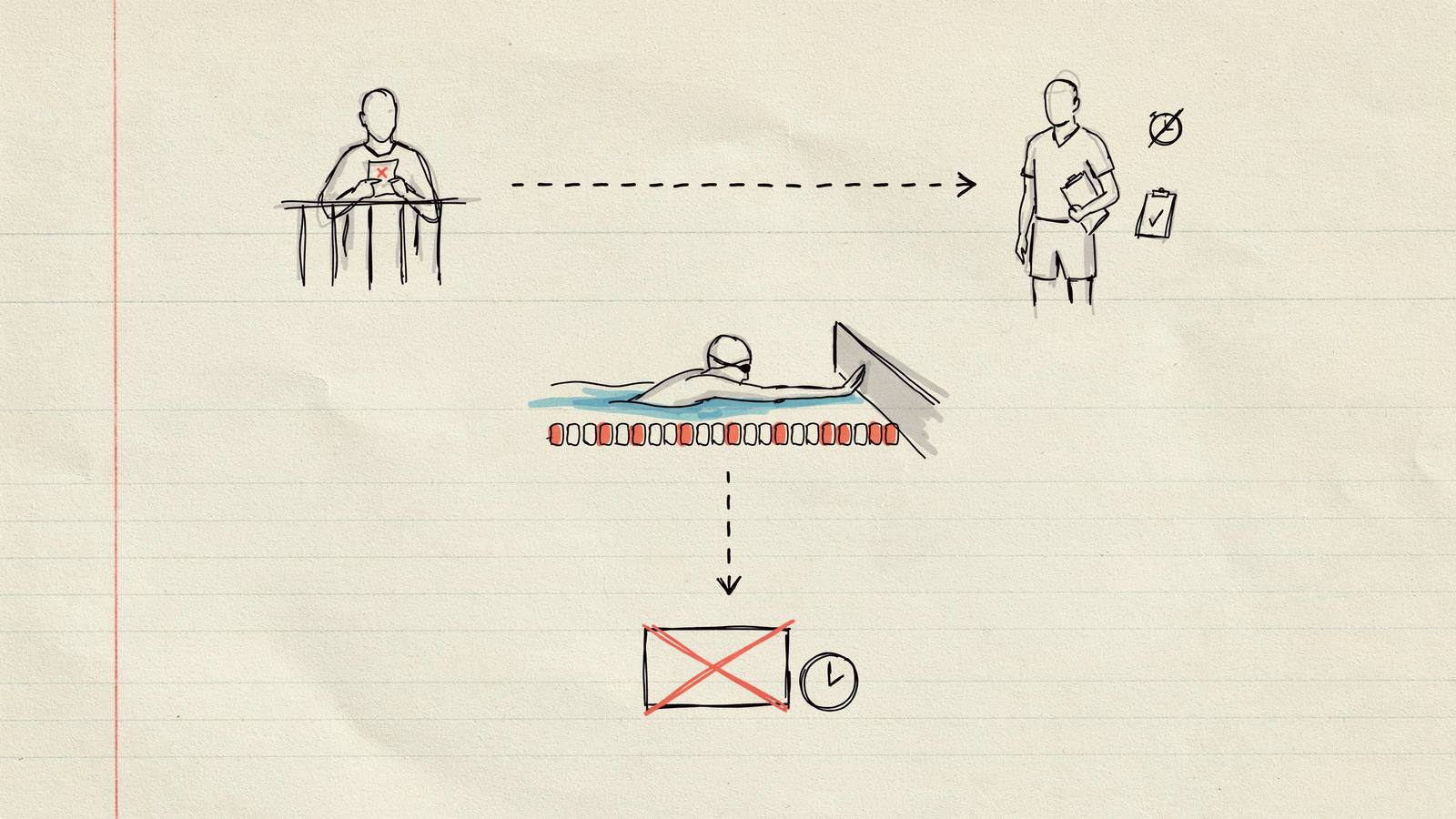 Hand-drawn notebook sketch of a DQ slip, a referee clipboard, and a parent staying in the stands