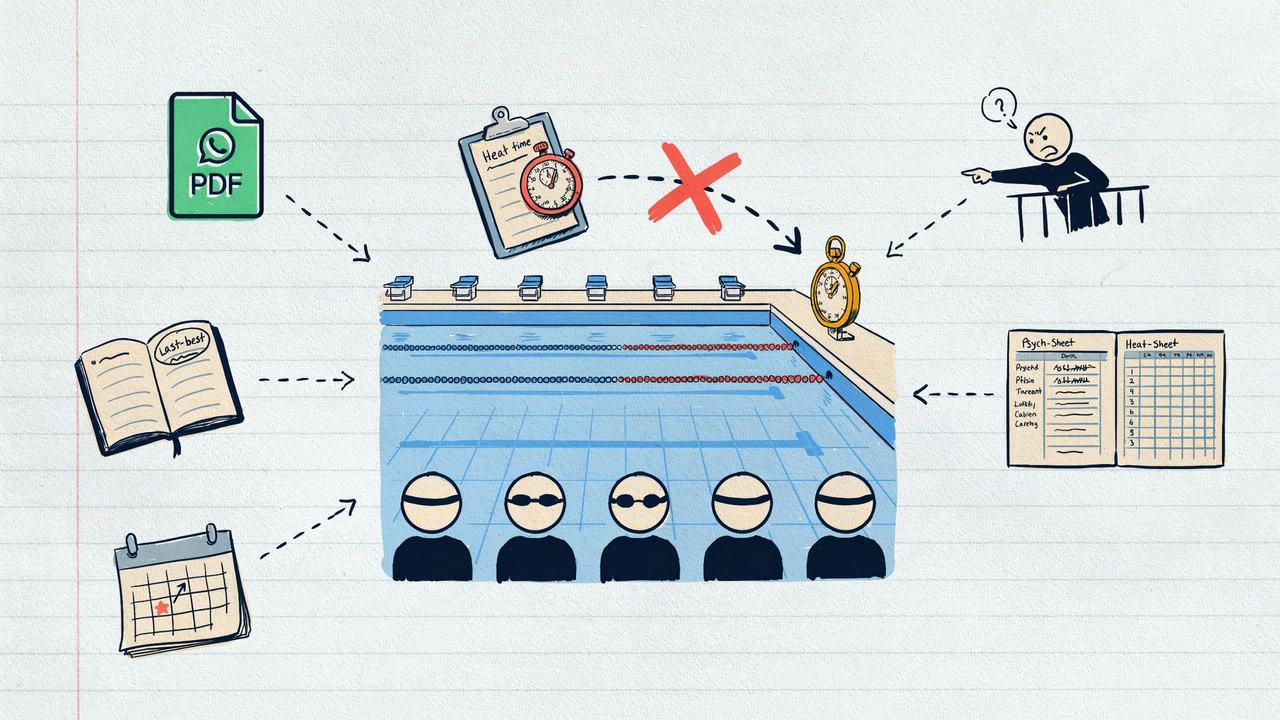 Hand-drawn notebook sketch of swimmers lined up by last best, not by today's finish clock