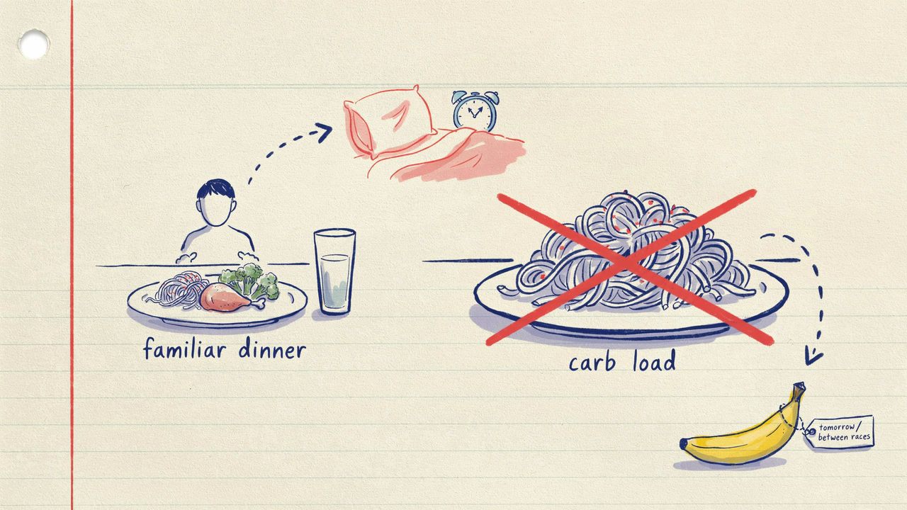 Hand-drawn notebook sketch of a familiar dinner beside a crossed-out carb-load plate