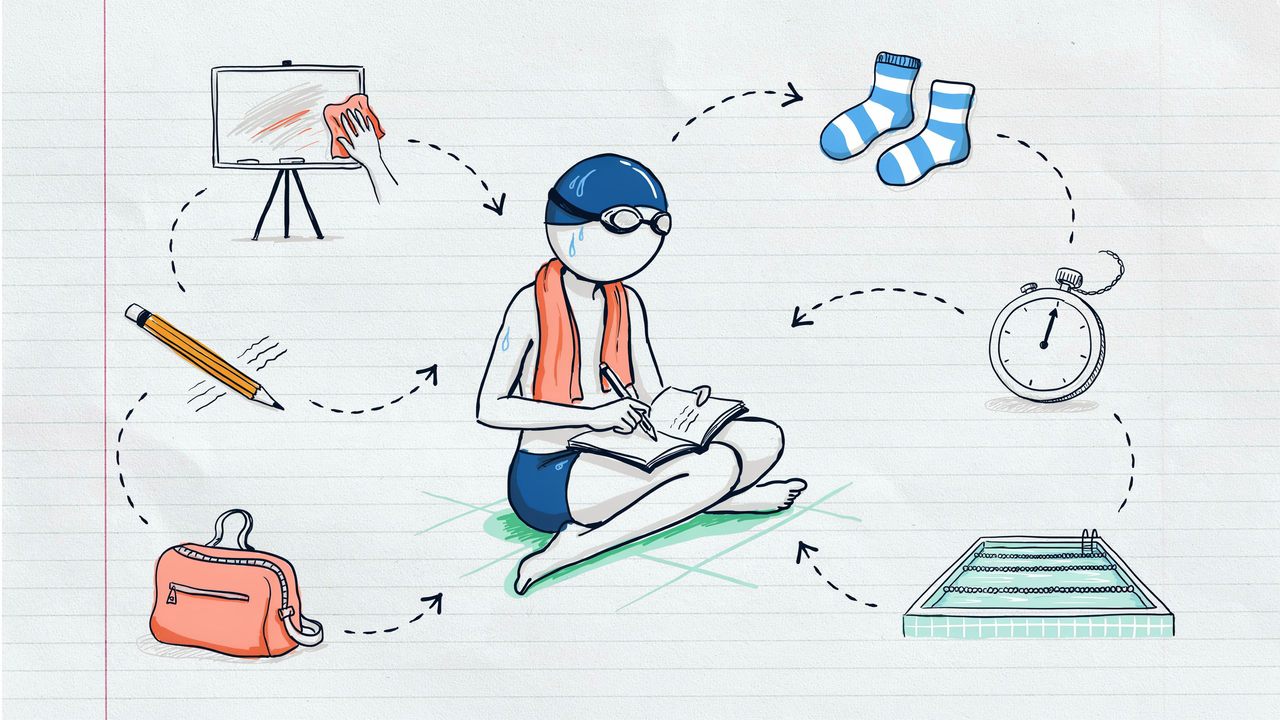 Hand-drawn notebook sketch of a dripping swimmer writing three lines after practice, with whiteboard, socks, stopwatch, pool and kit bag