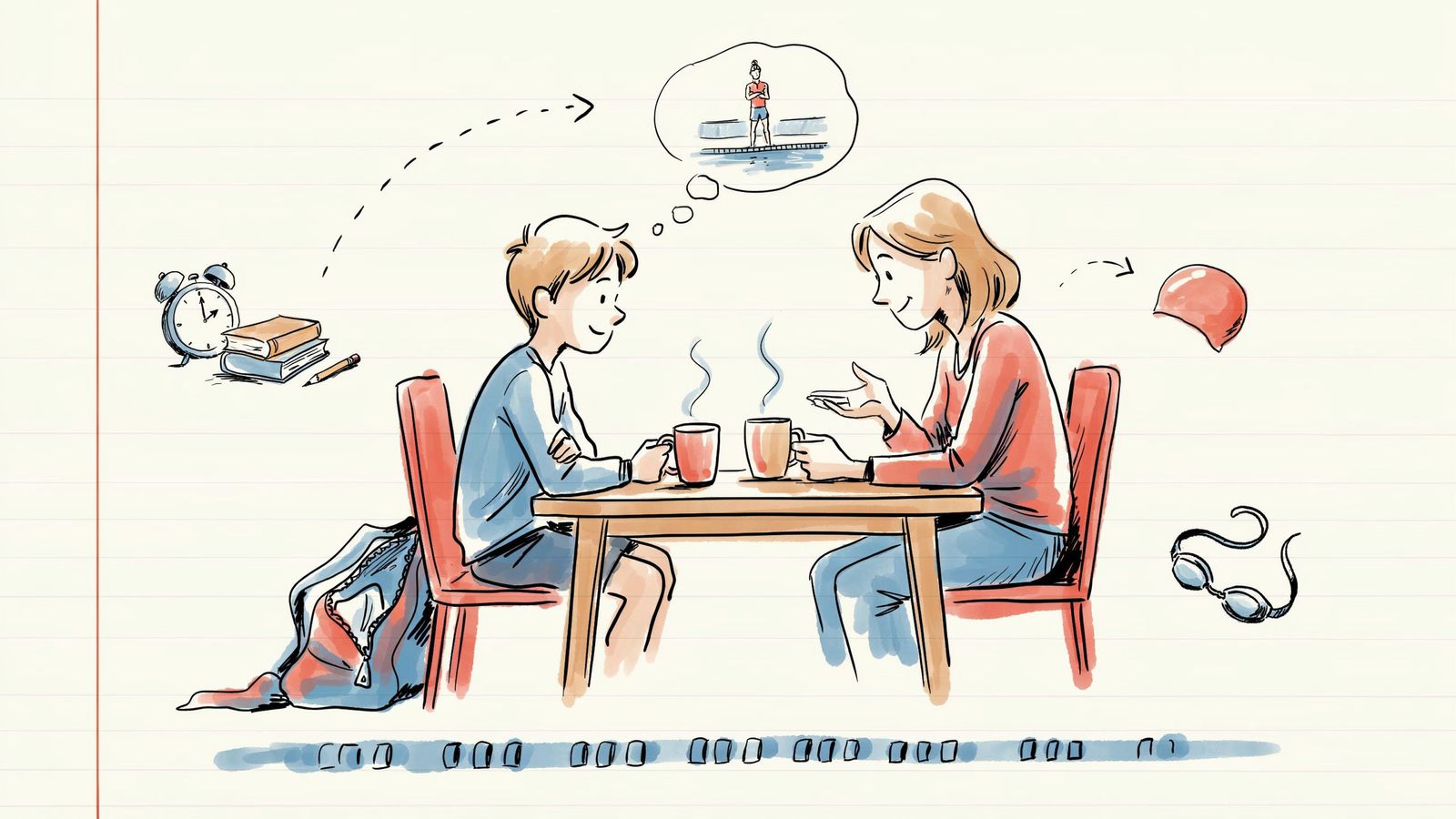 Hand-drawn notebook sketch of a parent and teen talking at the kitchen table about swimming