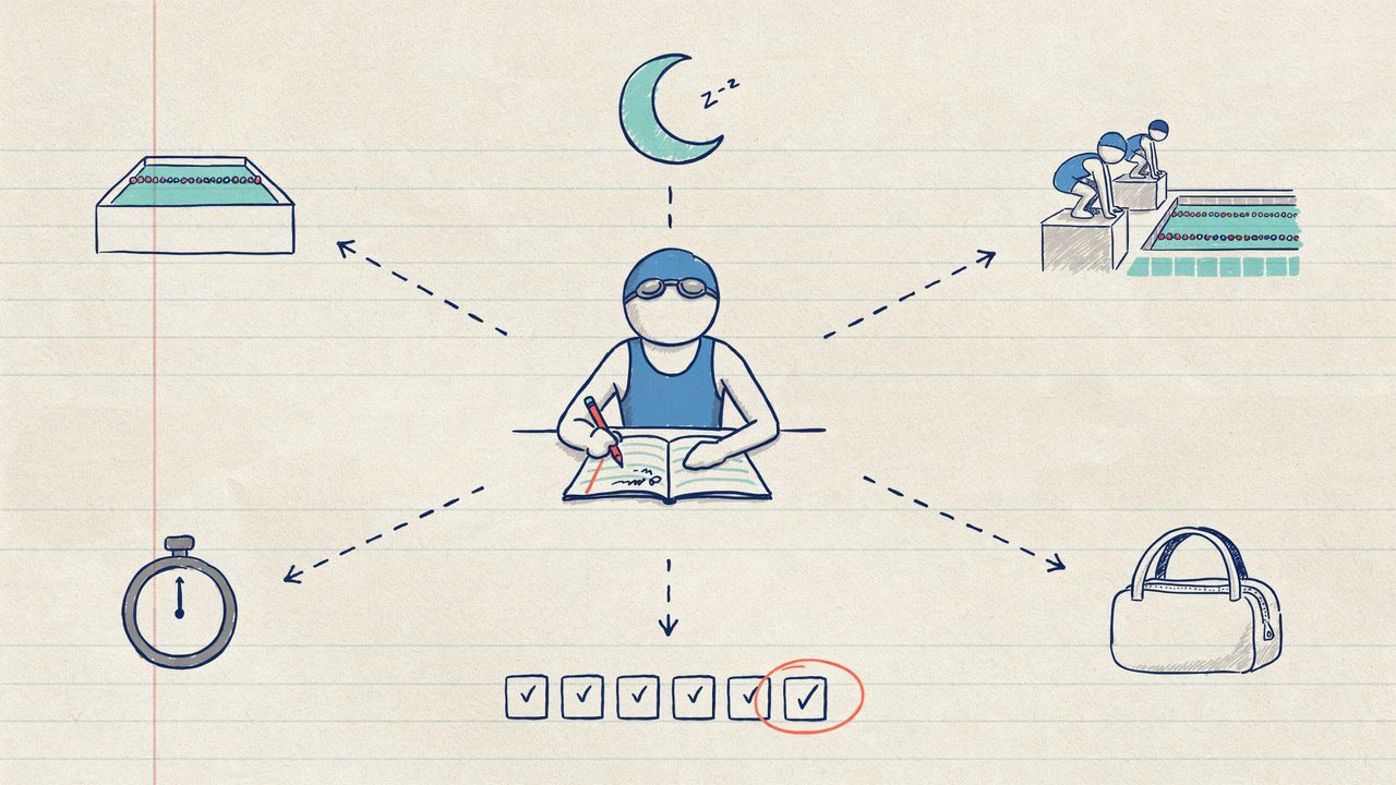 Hand-drawn notebook sketch of a swimmer logging training, with pool, race, stopwatch, sleep and a week of ticks around them